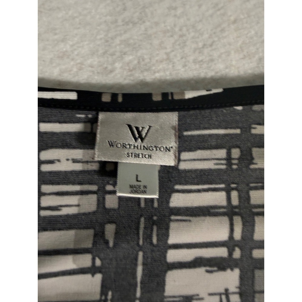 Worthington Stretch Blouse Women's Large Black White Abstract Print Long Sleeve - Picture 2 of 7